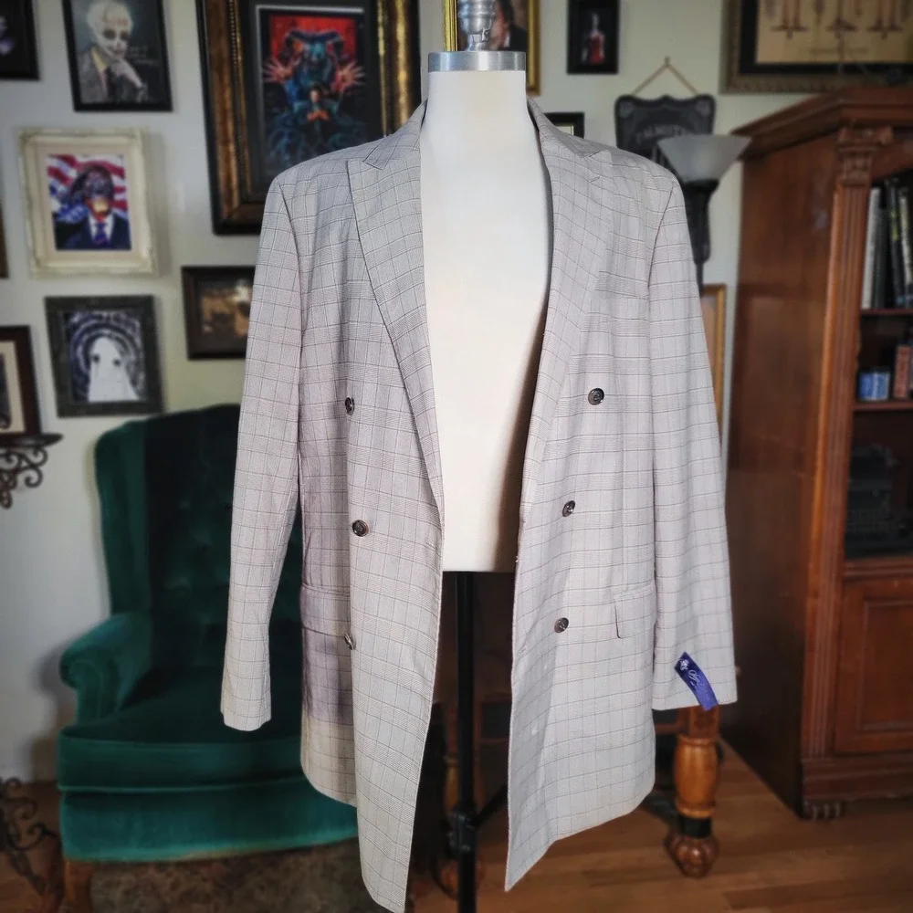 Sean John Gray‎ Blazer Jacket Plaid Double-Breasted Checkered Notched Large